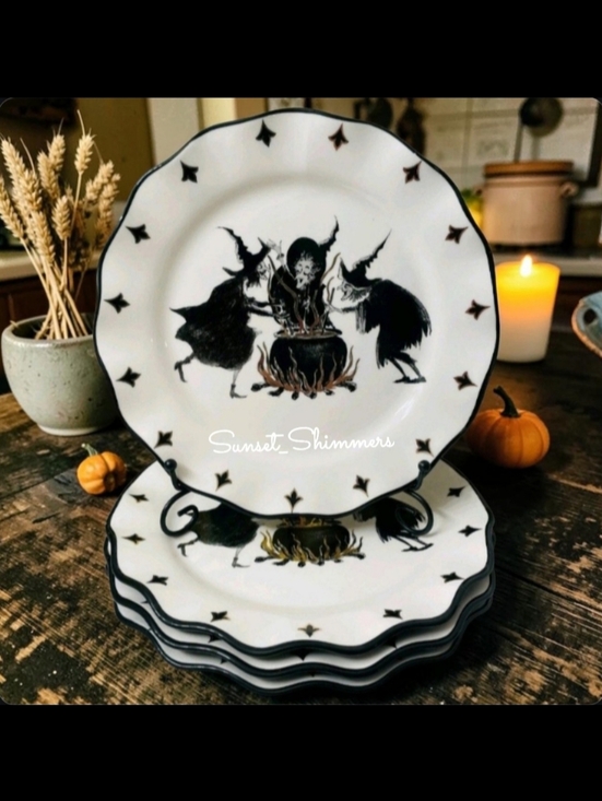 Other - 4 Potters Studio Witches Brew Cauldron Halloween Witch Ceramic Dinner Plate Set